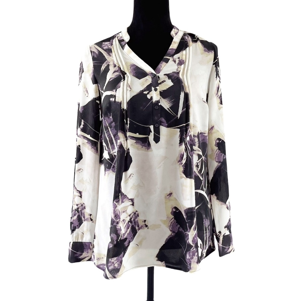 Simply Vera Watercolor Sheer Long Roll Button Sleeve Blouse Top XS